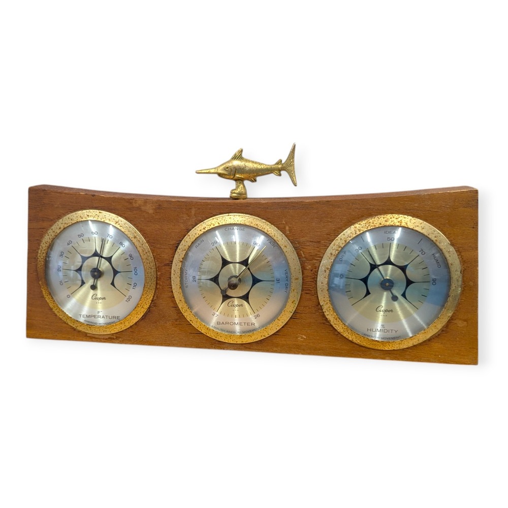 Vintage Cooper USA Weather Station Mid Century Wood Brass Swordfish Nautical